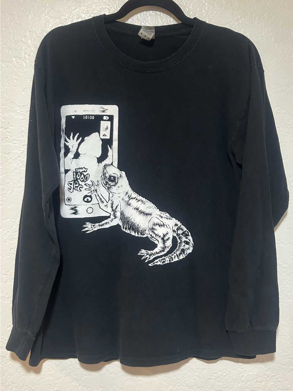 Gildan Black Long-Sleeve Tee with White Bearded Dragon and Phone Graphic